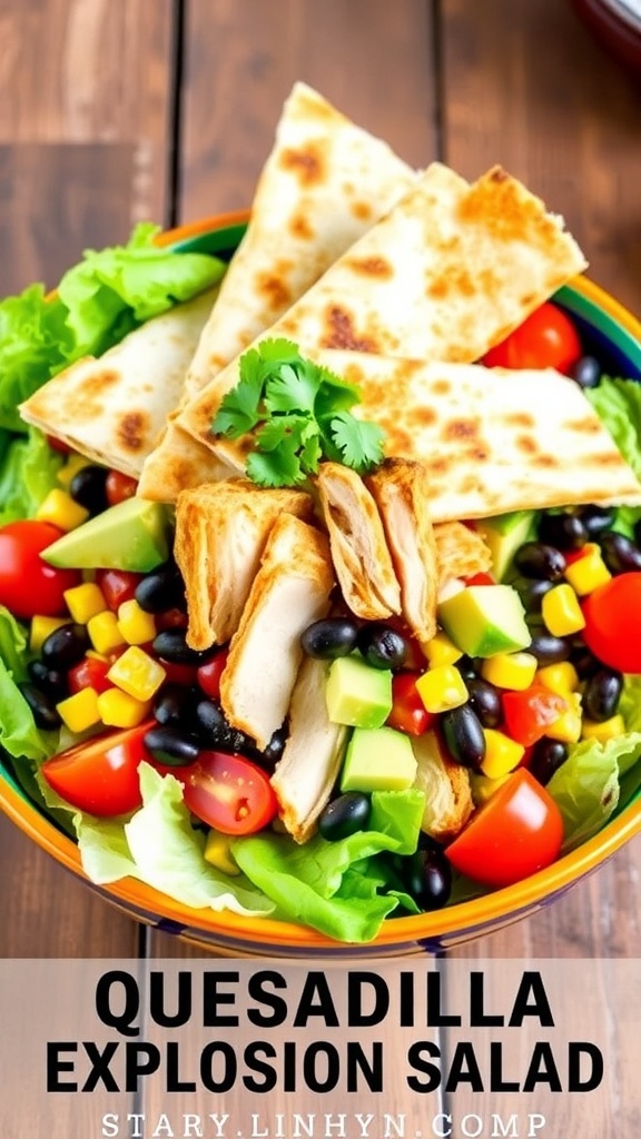 Quesadilla Explosion Salad Recipe A colorful Quesadilla Explosion Salad with grilled chicken, tomatoes, black beans, corn, avocado, and crispy quesadilla wedges.